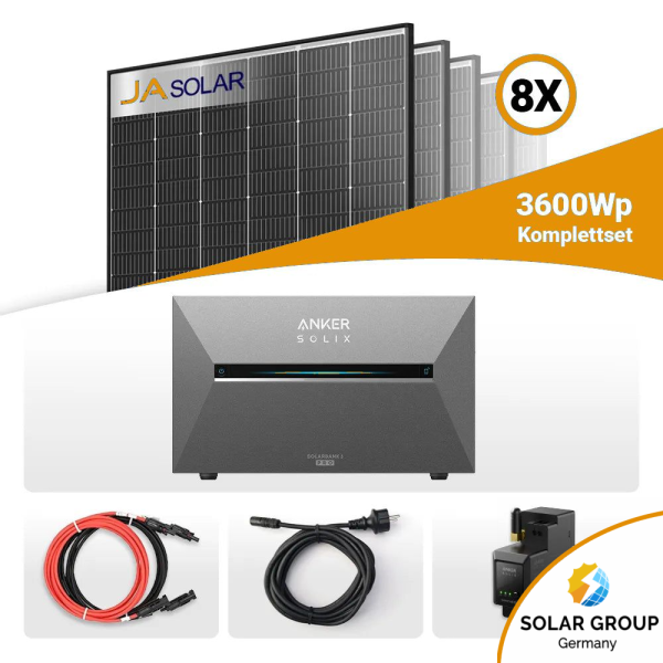 3600W Solarkraftwerk mit Speicher - 8x JaSolar 450W Black Frame bifazial & Anker Solix Solarbank 3 Pro