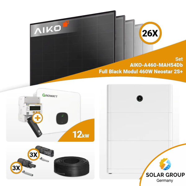 PV Komplettset 12 kWp – 26x Aiko 460W Full Black & Growatt MID12KTL3-XH mit Speicheroption