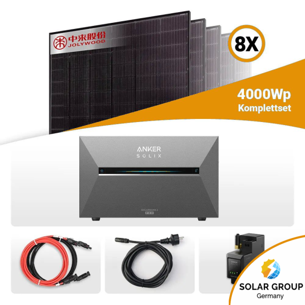 4000W Solarkraftwerk mit Speicher - 8x Jolywood 500W Full Black bifazial & Anker Solix Solarbank 3 Pro