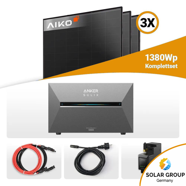 1380W Balkonkraftwerk mit Speicher - 3x Aiko 460W Full Black bifazial & Anker Solix Solarbank 3 Pro