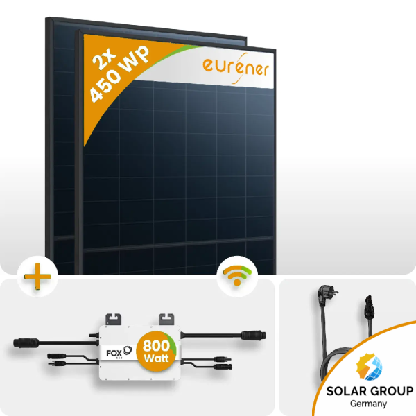 900Wp Balkonkraftwerk 2x450 Eurener IBC Bifazial Fullblack FoxEss M1-800-E