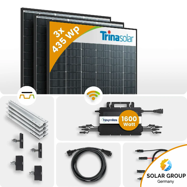 1305Wp Balkonkraftwerk 3x435Wp Trina Bifazial Black Frame Hoymiles HMS-1600W Trapezdachmontage