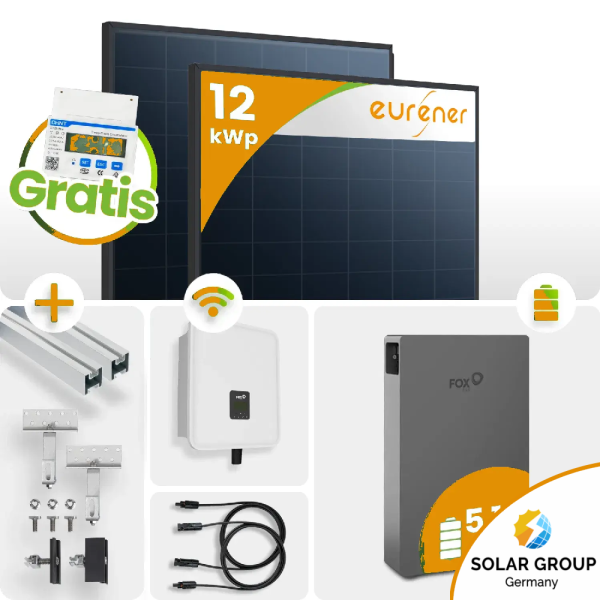 12kWp FoxEss PV-Anlage 27x Eurener 450Wp ULTRA Bifazial Schrägdachmontage 5 kWh Speicher inkl. Smart Meter