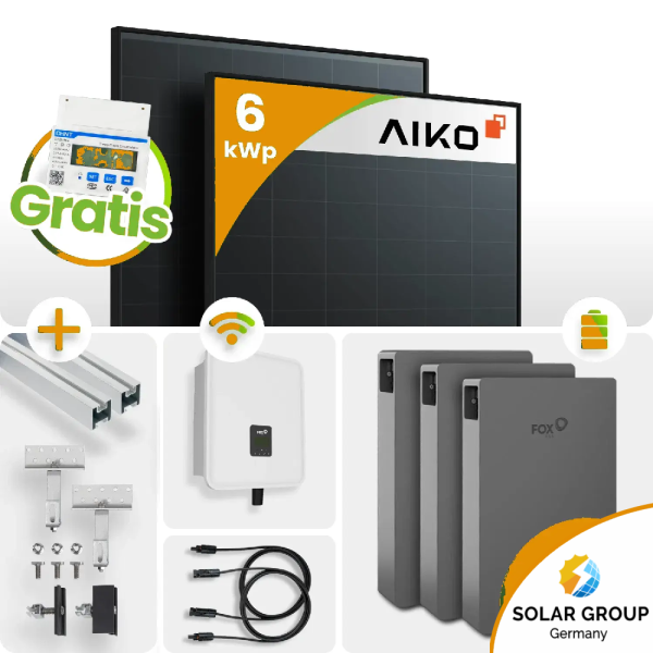 6kWp FoxEss PV-Anlage 13x Aiko 460Wp Glas-Glas Fullblack Schrägdachmontage 15kWh Speicher inkl. Smart Meter