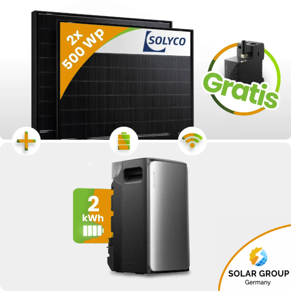 1000Wp Balkonkraftwerk 2x 500Wp Solyco HJT Bifazial Fullblack 2kWh Speicher EcoFlow Ultra