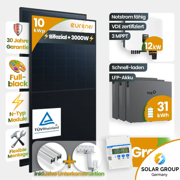 10kWp FoxEss PV-Anlage 22x Eurener 450Wp ULTRA Bifazial Schrägdachmontage 41kWh Speicher inkl. Smart Meter