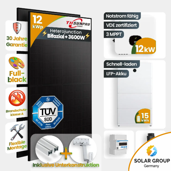 12 kWp Growatt PV-Anlage 24x Sunpro 500Wp Glas-Glas Bifazial Fulblack mit 15kWh Speicher