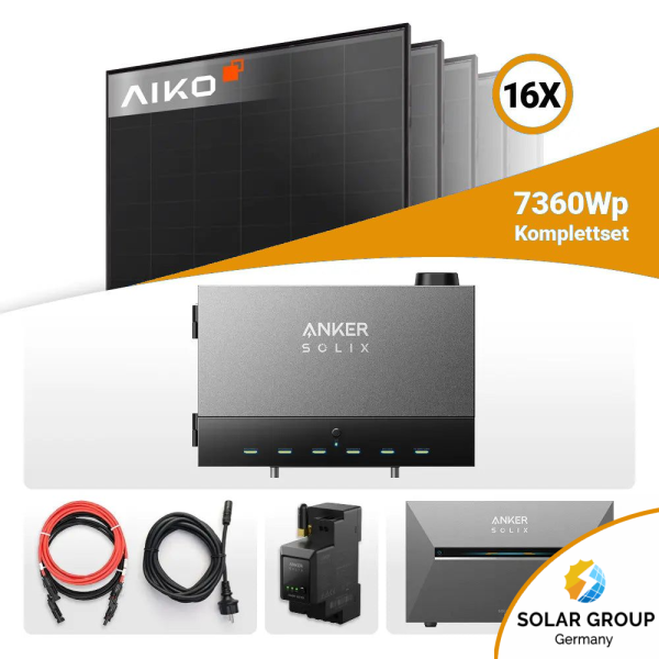 7360W Anker Solix Power Dock PV-Komplettset – 16x Aiko Solar 460W Glas-Glas Full Black & Anker Solix Solarbank 3 Pro