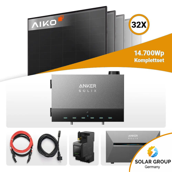 14,7kW Anker Solix Power Dock PV-Komplettset – 32x Aiko Solar 460W Glas-Glas Full Black & Anker Solix Solarbank 3 Pro
