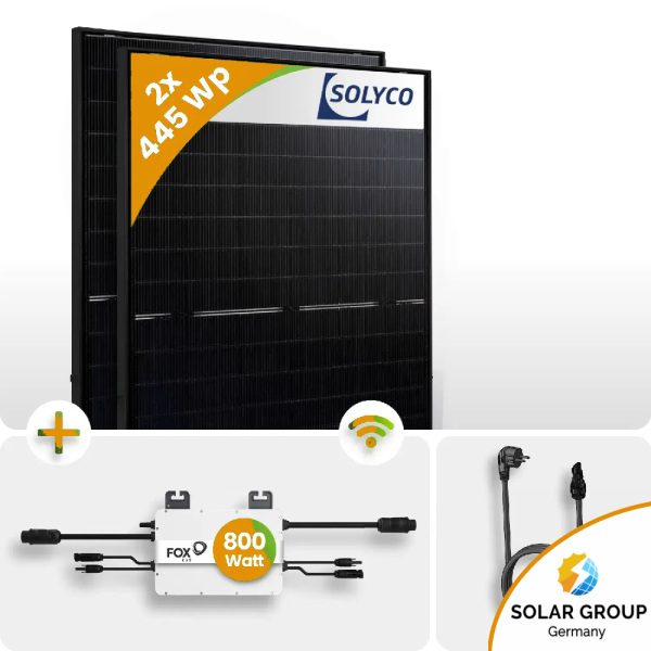 900Wp Balkonkraftwerk 2x450 Solyco HJT Fullblack FoxEss M1-800-E