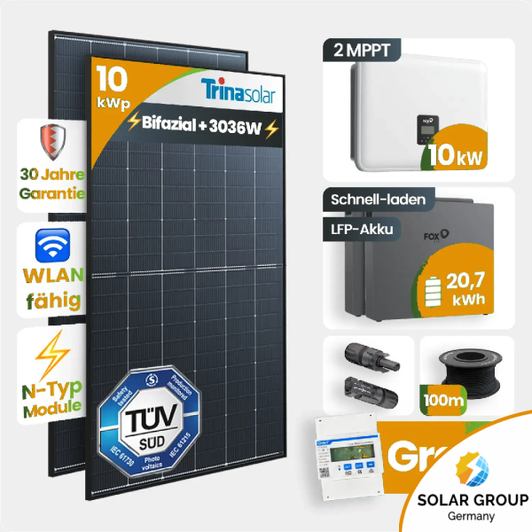 10 kWp FoxEss PV-Anlage 23x Trina 440Wp Bifazial Black Frame 20kWh Speicher Notstromfähig Speicher erweiterbar