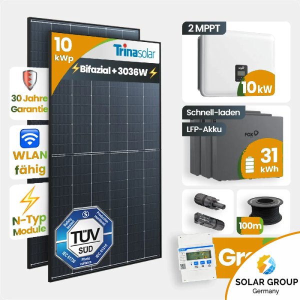 10 kWp FoxEss PV-Anlage 23x Trina 440Wp Bifazial Black Frame 30kWh Speicher Notstromfähig Speicher erweiterbar