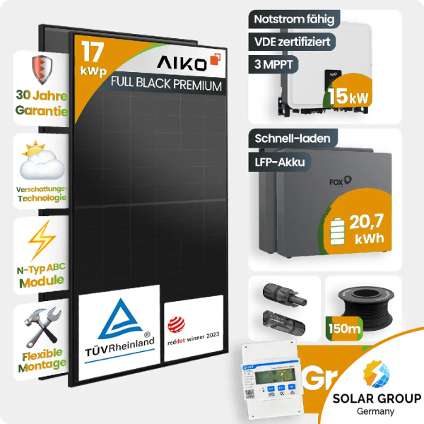 17 kWp PV-Anlage 37x Aiko 460Wp Fullblack Glas-Glas 20kWh Speicher - Notstromfähig