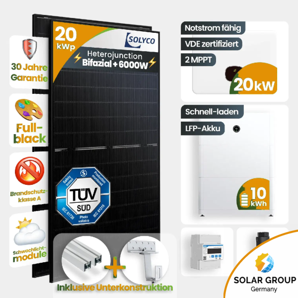 20 kWp Growatt PV-Anlage 40x Solyco 500Wp HJT Bifazial Fullblack mit 10 kWh Speicher