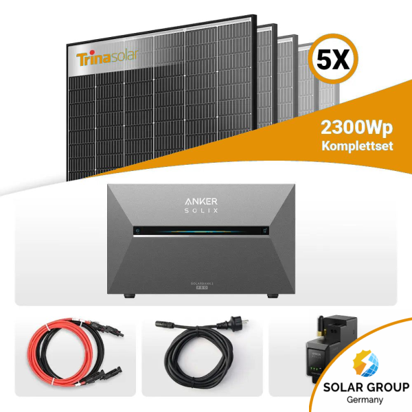 2300W Solarkraftwerk mit Speicher - 5x Trina Vertex S+ 460W Glas-Glas Black Frame & Anker Solix Solarbank 3 Pro