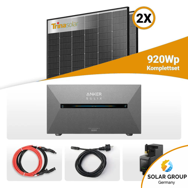 920W Balkonkraftwerk mit Speicher - 2x Trina Vertex S+ 460W Glas-Glas Black Frame & Anker Solix Solarbank 2 Pro