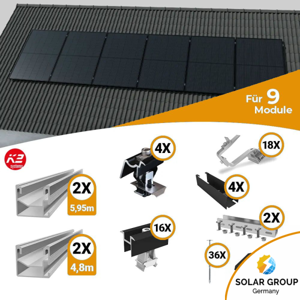 K2 Systems Schrägdach Montageset für 9 Solarmodule