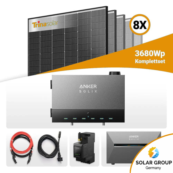 3680W Anker Solix Power Dock PV-Komplettset – 8x Trina Vertex S+ 460W Glas-Glas Black Frame & Anker Solix Solarbank 3 Pro
