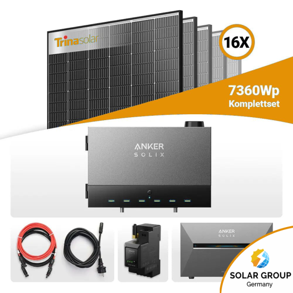 7360W Anker Solix Power Dock PV-Komplettset – 16x Trina Vertex S+ 460W Glas-Glas Black Frame & Anker Solix Solarbank 3 Pro