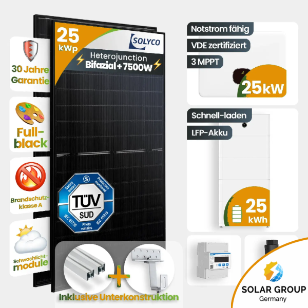 25 kWp Growatt PV-Anlage 50x Solyco 500Wp Bifazial HJT Fullblack mit 25 kWh Speicher