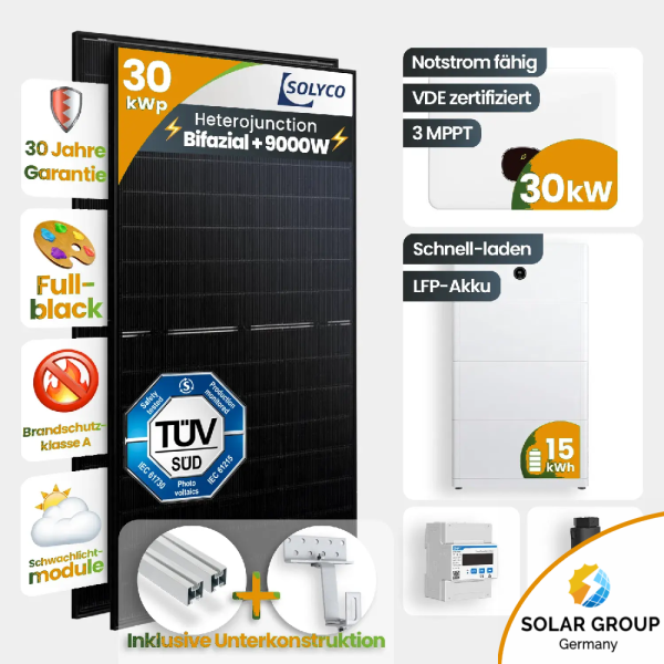 30 kWp Growatt PV-Anlage 60x Solyco 500Wp Bifazial Fullblack mit 15 kWh Speicher