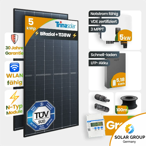 5 kWp FoxEss PV-Anlage 11x Trina 440Wp Bifazial Black Frame 5kWh Speicher Notstromfähig Speicher erweiterbar